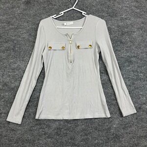 Oufeiya‎ Top Small Gray Ribbed Knit Gold Button Long Sleeve Half Zip Blouse